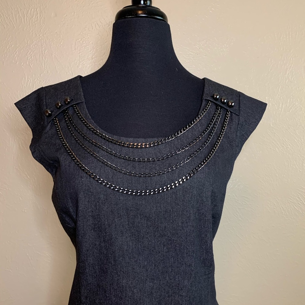 Edgy Denim Sheath Dress with Built-in Necklace Decor